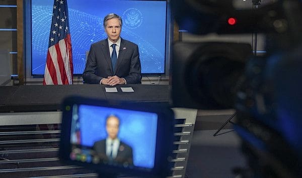 Secretary of State Antony J. Blinken joins the PBS NewsHour for a virtual interview with Judy Woodruff at the U.S. Department of State in Washington, D.C., on March 3, 2021. (State Department Photo by Ron Przysucha)